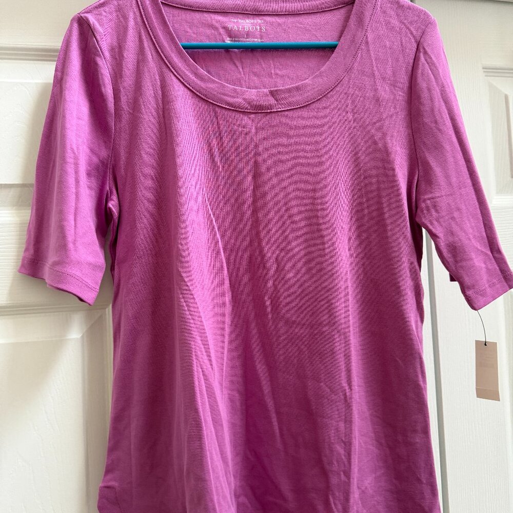 Womens Talbots Scoop Neck Curved Hem Tee Fuchsia - Pima Cotton Size Large NWT